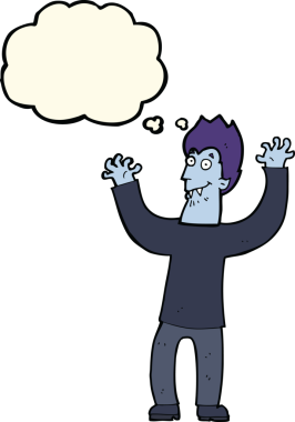 Bir insan tarafından çizilmiş düşünce balonlu cadılar bayramı vampiri çizgi filmi.