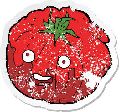 Bir insan tarafından çizilmiş mutlu domates çizgi filminin kederli retro yapıştırması.