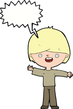 Bir insan tarafından çizilmiş konuşma balonu olan mutlu bir çocuk.