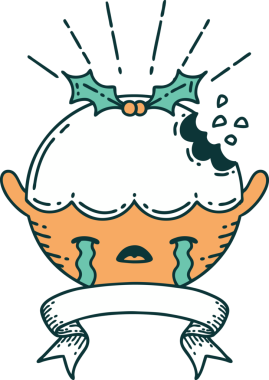 Dövme stili noel pudingi dövmeli parşömen bir insan tarafından çizilmiş ağlayan karakter.