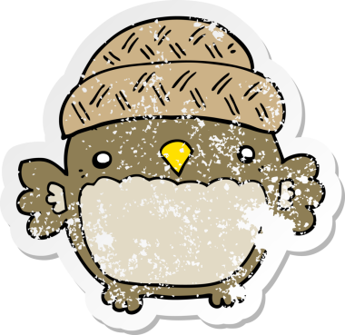 Bir insan tarafından çizilmiş şapkalı şirin bir baykuşun sıkıntılı çıkartması.