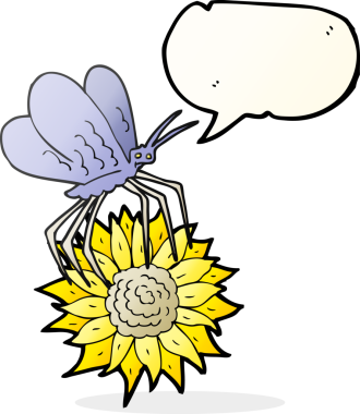 Bir insan tarafından çizilen çiçeğin üzerine serbest konuşma balonu çizilmiş kelebek.