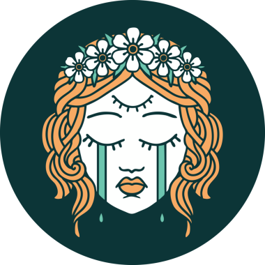 İkonik dövme stili. Üçüncü gözü ve bir insan tarafından çizilmiş çiçek taçlı kadın yüzü.