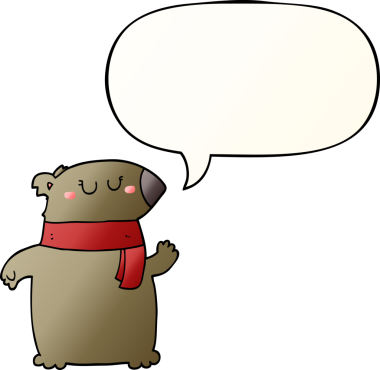 Bir insan tarafından çizilmiş, konuşma baloncuklu eşarplı çizgi film ayısı.