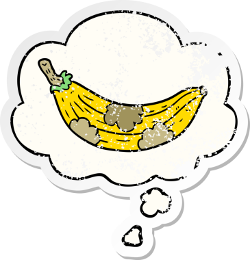 Düşünce baloncuğu olan yaşlı bir muz insan tarafından çizilmiş yıpranmış bir çıkartma.