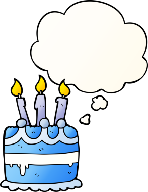 Bir insan tarafından çizilmiş, düşünce baloncuklu çizgi film doğum günü pastası.