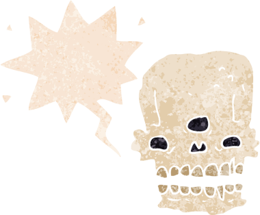 grunge 'da konuşma baloncuğu olan karikatürlü ürkütücü kafatası bir insan tarafından çizilmiş tedirgin geçmiş dokuma tarzı