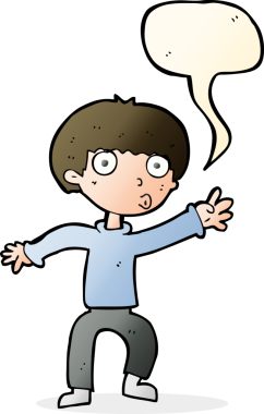 Çizgi filmci çocuk bir insan tarafından çizilmiş konuşma balonuyla uyarı sallıyor.