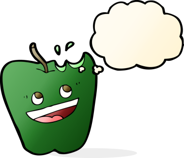 Bir insan tarafından çizilmiş düşünce baloncuklu mutlu elma çizgi filmi