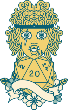 Retro Dövme Biçimi Yarı Ork Barbar Karakteri Bir insan tarafından çizilmiş 20 zar ile