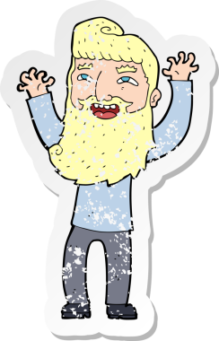 Çizgi filmin kederli retro yapıştırması mutlu sakallı adam bir insan tarafından çekilen kollarını sallıyor.