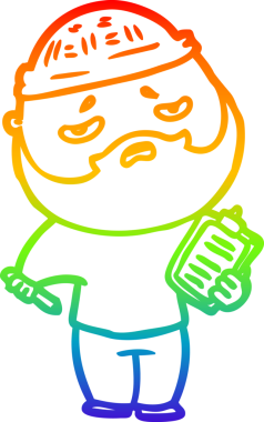 Bir insan tarafından çizilmiş sakallı, endişeli bir çizgi film çizimi.