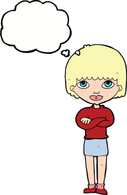 Bir insan tarafından çizilmiş düşünce balonuyla kollarını kavuşturmuş çizgi film kadını.