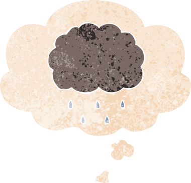 Düşünce baloncuğuyla yağmur yağıyor grunge 'da sıkıntılı eski moda bir insan tarafından çizilmiş.