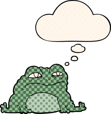 Çizgi roman tarzında bir insan tarafından çizilmiş düşünce baloncuğu olan çizgi film karakurbağası.