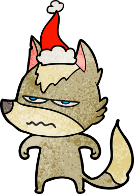 Bir insan tarafından çizilmiş Noel Baba şapkası takan rahatsız bir kurdun el çizimi karikatürü.