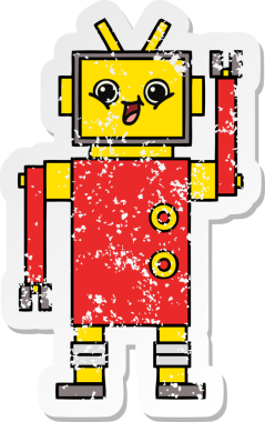 Bir insan tarafından çizilmiş sevimli bir robot çizgi film çıkartması.