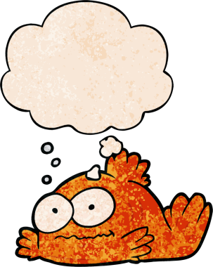 Bir insan tarafından çizilmiş grunge desenli düşünce baloncuklu Japon balığı çizgi filmi.