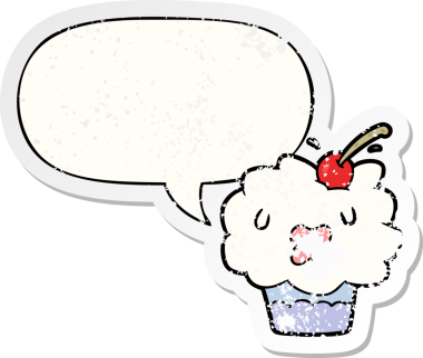 Konuşma balonlu komik çizgi film keki. Bir insan tarafından çizilmiş sıkıntılı eski bir çıkartma.