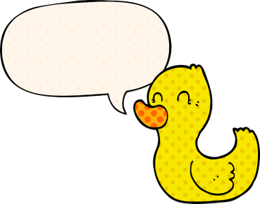 Bir insan tarafından çizilmiş çizgi roman tarzında konuşma baloncuğu olan çizgi film ördeği.