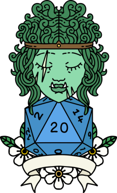 Retro Dövme Biçimi Yarı Ork Barbar Karakteri Bir insan tarafından çizilmiş doğal 20 zar