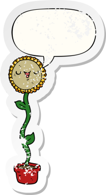 Konuşma baloncuğu olan çizgi film ayçiçeği bir insan tarafından çizilmiş sıkıntılı eski bir çıkartma