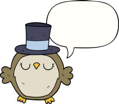 Bir insan tarafından çizilmiş konuşma balonlu silindir şapkalı bir baykuş.