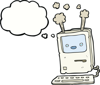 Bir insan tarafından çizilmiş düşünce baloncuklu eski bir bilgisayar.