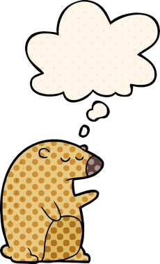 Çizgi roman tarzında bir insan tarafından çizilmiş düşünce kabarcığı olan çizgi film ayısı.