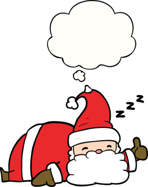 Uykucu Noel Baba çizgi filmi. Düşünce baloncuğu insan tarafından çizilmiş.