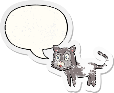 Konuşma balonlu mutlu çizgi film kedisi bir insan tarafından çizilmiş sıkıntılı eski bir çıkartma