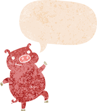 Bir insan tarafından çizilmiş grunge sıkıntılı retro tarzı konuşma kabarcığı ile çizgi film dans eden domuz