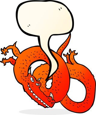 Bir insan tarafından çizilmiş konuşma balonlu çizgi film ejderhası.