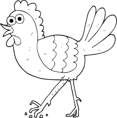 Bir insan tarafından çizilmiş siyah beyaz çizgi film tavuğu.