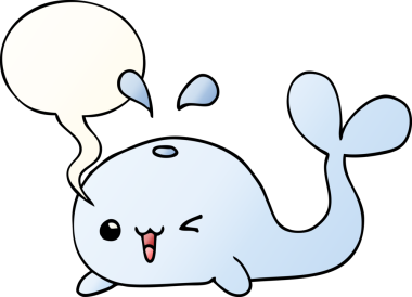 Bir insan tarafından çizilmiş, konuşma baloncuklu çizgi film balinası.