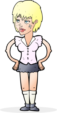 Bir insan tarafından çizilmiş kalçaları olan sert kadın çizgi filmi.