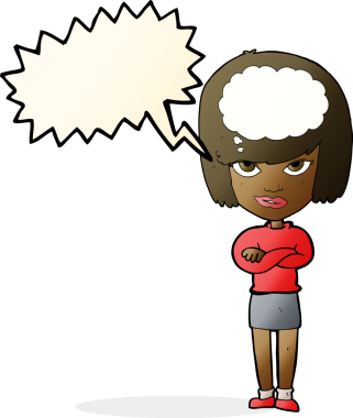 Bir insan tarafından çizilmiş konuşma balonunu hayal eden kolları katlanmış bir karikatür kadın.