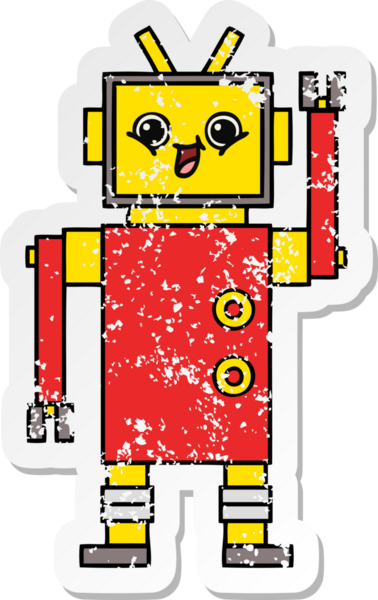 Bir insan tarafından çizilmiş sevimli bir robot çizgi film çıkartması.