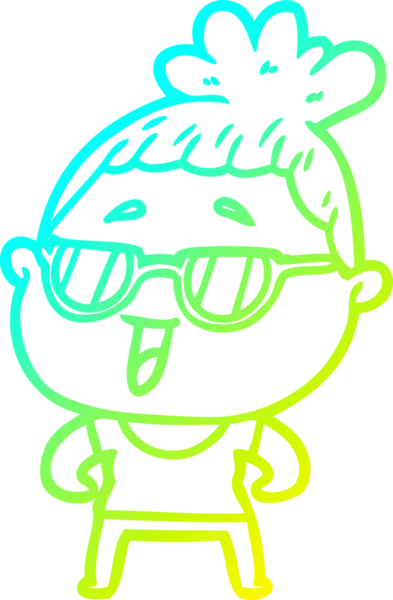 Bir insan tarafından çizilmiş gözlük takan mutlu bir kadının çizgi film çizimi.