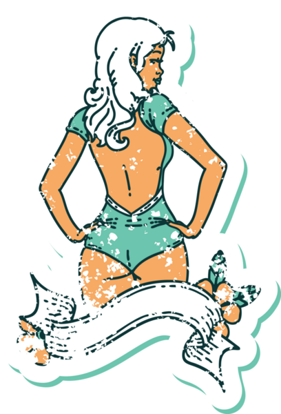 Geleneksel stil yapıştırmalı dövmeli, pankartlı mayo giymiş bir kız.