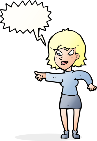 Bir insan tarafından çizilmiş bir konuşma balonuyla işaret eden çizgi film kadını.