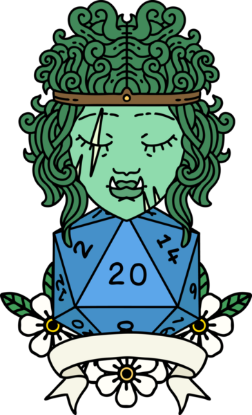 Retro Dövme Biçimi Yarı Ork Barbar Karakteri Bir insan tarafından çizilmiş doğal 20 zar