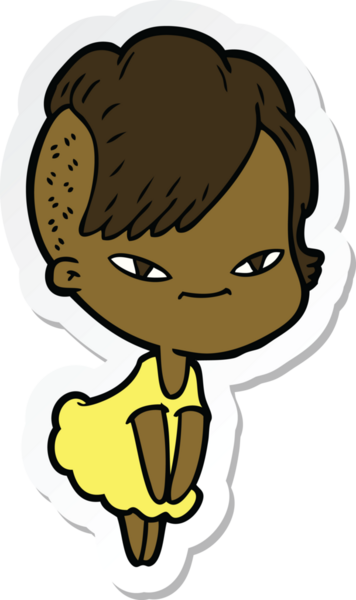 Hipster saç kesimi bir insan tarafından çizilmiş şirin bir çizgi film kızına ait etiket.