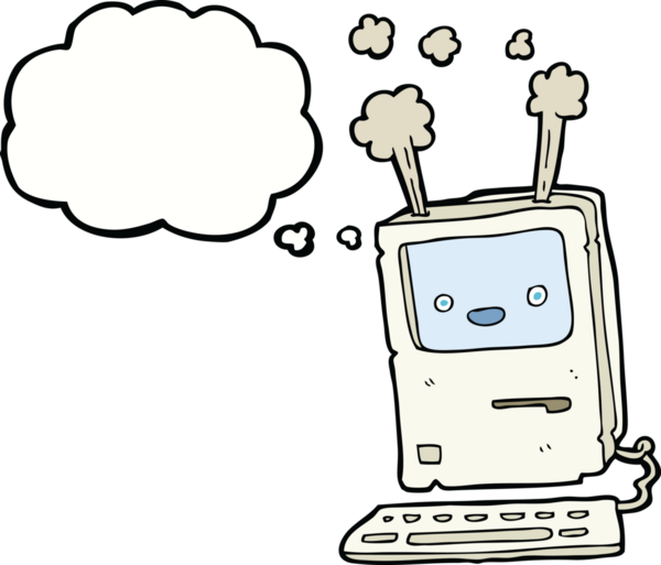 Bir insan tarafından çizilmiş düşünce baloncuklu eski bir bilgisayar.