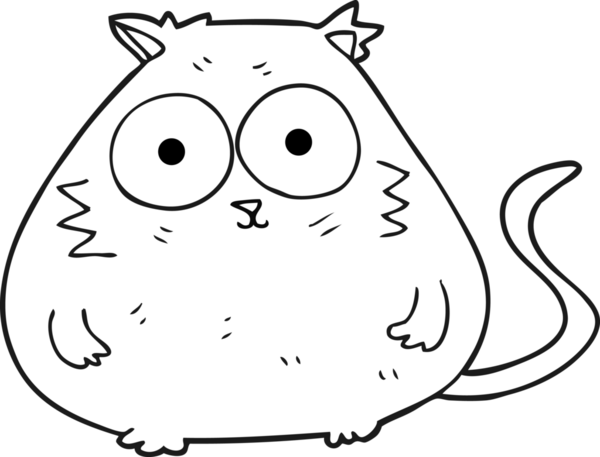 Bir insan tarafından çizilmiş siyah beyaz çizgi film şişman kedisi.