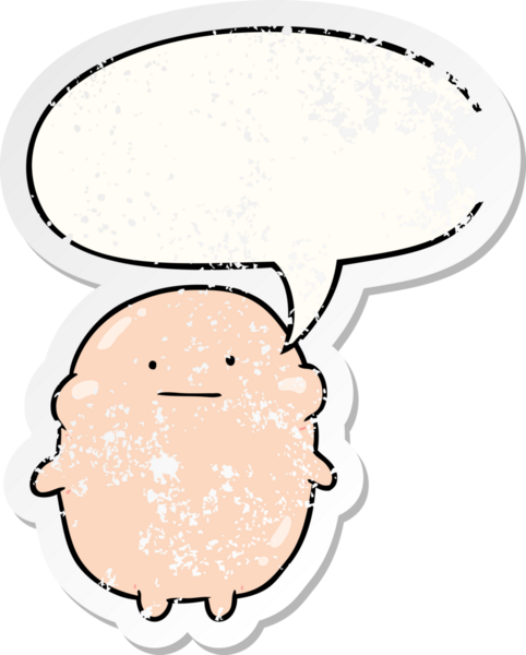 Konuşma baloncuğu olan sevimli şişman bir insan. Bir insan tarafından çizilmiş sıkıntılı eski bir çıkartma.