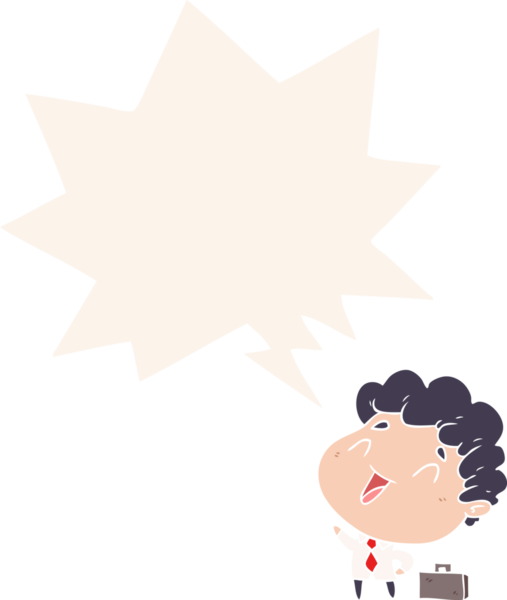 Bir insan tarafından çizilmiş retro tarzı konuşma balonu olan sevimli bir karikatür işadamı.