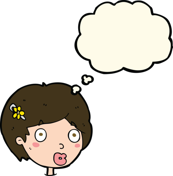 Bir insan tarafından çizilmiş düşünce baloncuğuyla kadın yüzünü şaşırtan çizgi film.