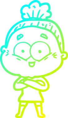 Bir insan tarafından çizilmiş, mutlu, yaşlı bir kadının çizimi.