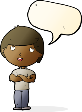 Bir insan tarafından çizilmiş konuşma baloncuğu olan katlanmış kollu mutlu bir adam.